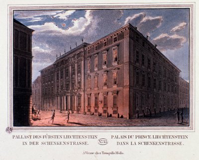 Vy över prins Lichtensteins palats i Wien, Österrike. Gravyr från 1820 Privat samling av Unknown artist