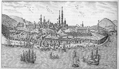 Utsikt över Quebec City i Kanada (slutet av 1600-talet): A. Jardin du fort. B. Fortet. C. Pulverförråd. D. Les Recollets. E. Ursulines. F. Jesviterna. G. Katedralen. H. Seminariet. I. Hotel Dieu. L. Allmänna sjukhuset. Herr L