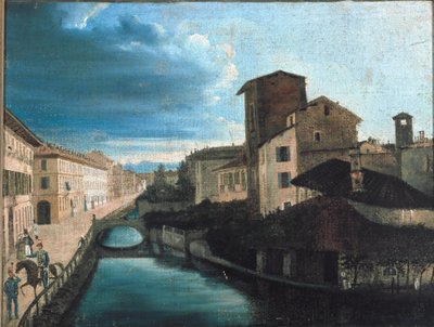 Vy över San Gerolamo-kanalen i Milano (olja på trä av Unknown artist
