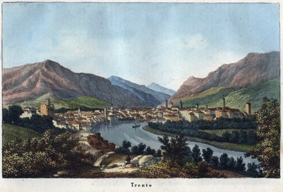 Vy över Trento (Sydtyrolen, Italien) (Trento) - 1800-talet - gravyr från "" Användningar och seder för alla folk i universum. Det är historien om regeringen, om lagarna, om milisen, om religionen för alla nationer från de mest avlägsna tider upp till dagar av Unknown artist