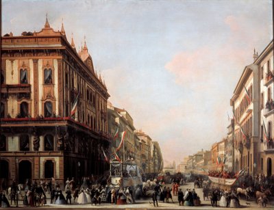 Utsikt över Venezia-gatan med karnevalsflotta, Milano (målning av Unknown artist
