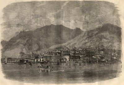 Utsikt över Victoria City i Hong Kong. Gravyr i "" The Illustrated London News"" av 14 mars av Unknown artist
