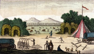 Utsikt över ett holländskt läger (från Pioneers Boers eller Voortrekkers, Afrikaners) i Pampoen Kraal (Pampoen-Kraal), Kapprovinsen, Sydafrika. 1860 av Unknown artist