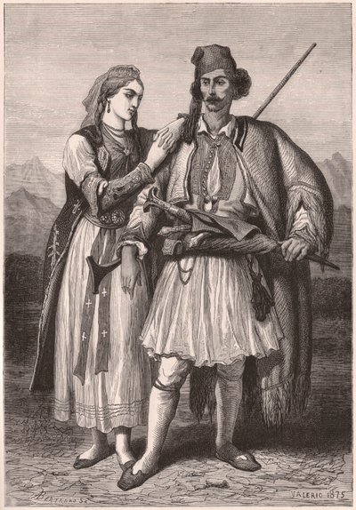 Vy över ett par i albansk traditionell dräkt under 1800-talet av Unknown