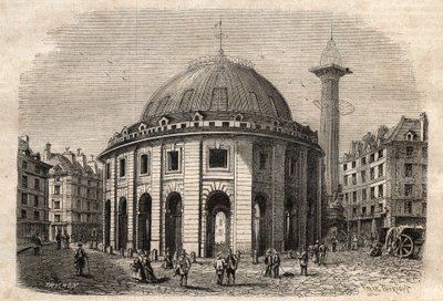 Vy över halle au ble i Paris (byggd 1763-1769) och Medici-kolumnen, gravyr från början av 1800-talet - vete- och majsbyte i Paris (byggd 1763-1769), gravyr tidigt 1800-tal - Vue de la Halle au ble, placeras på nuvarande Hotel de Soisso av Unknown artist