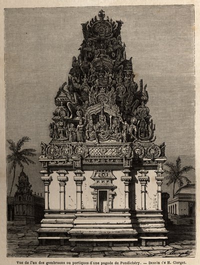 Vy över en av gombrooonerna eller portikerna i en pondichery-pagod (Pondicherry) (Indien). Gravyr för att illustrera en expedition till pagoden Chillambaran (Coromandel cote), från 1838 till 1844, av kontraamiralen Paris, chef för depot des cartes av Unknown artist