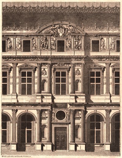Vy över en del av framsidan av gården till Louvren, Paris, Frankrike av Unknown