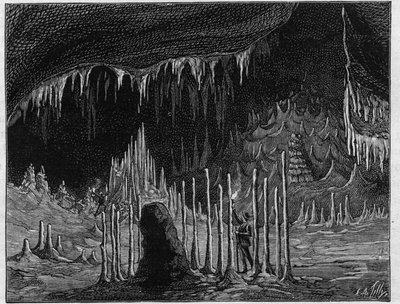 Utsikt över "Kyrkans sal"" i grottan i Dargilan (Lozere). Gravyr i "" La Nature. Revue des sciences et de ses applications aux arts et a l