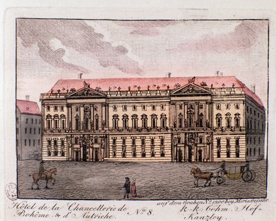 Utsikt över hotellet av kanslihuset i Boheme och Österrike i Wien, Österrike. Gravyr från 1815 privatsamling av Unknown artist