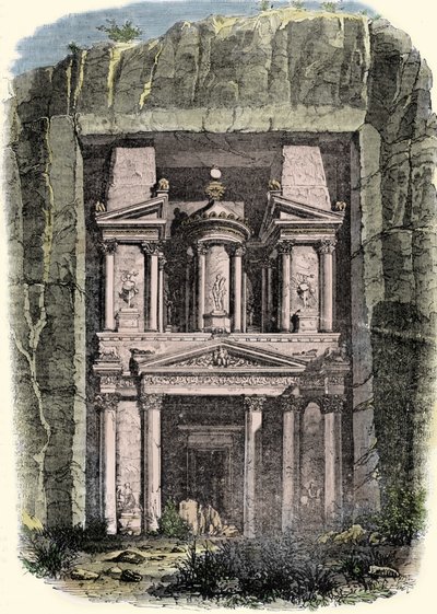 Utsikt över Khazneh (Tresor) i Petra i Jordanien, före detta huvudstad i Nabateanska imperiet. Gravyr av 1800-talet av Unknown artist