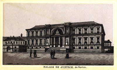 Utsikt över justitiepalatset i Nantes (Loire-Atlantique, Pays de la Loire), Frankrike. Kromolitografi från slutet av 1800-talet. av Unknown artist