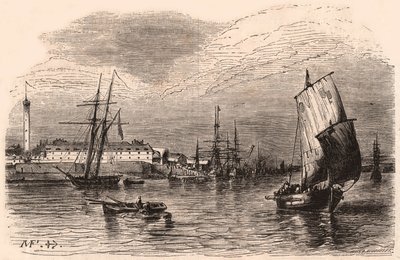 Utsikt över hamnen i Lorient, Morbihan, Bretagne, Frankrike: segelbåtar och båt i förgrunden, hamnbyggnader och fyr i bakgrunden av Unknown