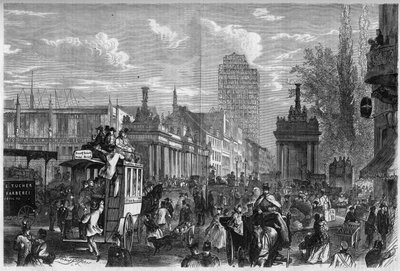 Vy över den kungliga bron i Berlin, Tyskland. Gravyr i "The Illustrous Universe" av Unknown artist