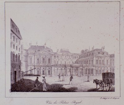 Utsikt över det kungliga palatset i Paris. Gravyr från 1820 Privat samling av Unknown artist