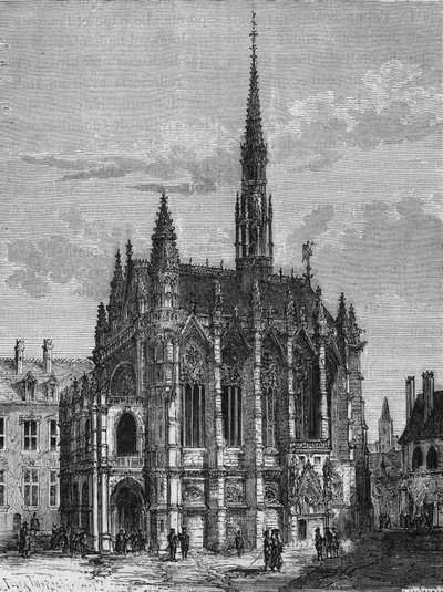 Utsikt över Sainte Chapelle-kyrkan i Paris. Gravyr från L
