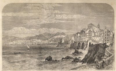 Vy över den antika hamnen i Genua - Vy över hamnen i Genes - Genova sv 1861 - Gravyr av Unknown artist