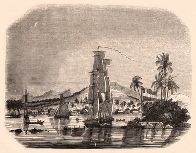 Utsikt över bukten Papeete och block Queen, Tahiti, Franska Polynesien och i förgrunden segelbåtar och båtar av Unknown