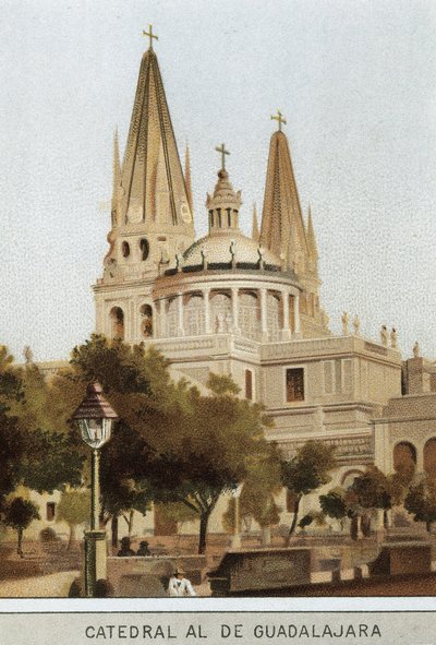 Utsikt över katedralen i Guadalajara i Mexico City, Mexiko. Kromolitografi av 1800-talet av Unknown artist