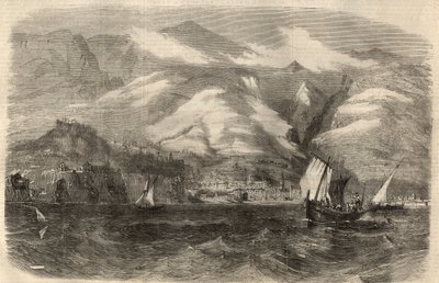 Utsikt över staden Funchal på ön Madere (Madeira) i Portugal. Gravyr i "" The Illustrated London News"" av 29 februari av Unknown artist