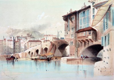 Utsikt över staden Lyon och Pont de Charge. Akvarell från 1837. Paris, B.N. av Unknown artist