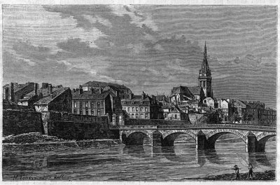 Utsikt över staden Mezieres i slutet av 1800-talet. Gravyr i "" le journal de la Jeunesse "" från 1888. av Unknown artist