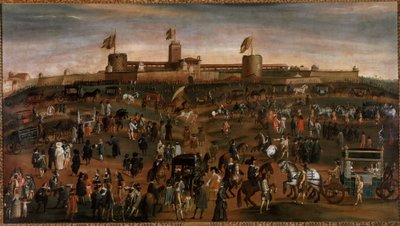 Utsikt över staden Milano, över slottet Sforza (castello Sforzesco) och trafiken av vagnarna Anonym målning runt 1660-1670 Milano, museo di Milano av Unknown artist