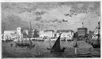 Utsikt över staden Zanzibar i Afrika. Till vänster det franska konsulatet. Till höger, sultanens palats och arsenalen. Gravyr i "The Universe illustrious" av Unknown artist
