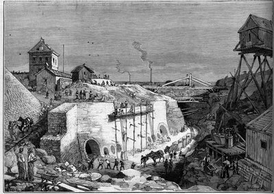 Utsikt över byggarbetsplatsen för Villejuifs dricksvattentankar. Gravyr i "" Le Monde Illustré"" nr 1300 den 25 februari av Unknown artist