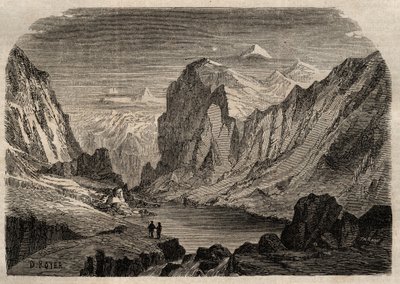 Utsikt över landet Davos i Schweiz på 1800-talet - gravyr i "" Dictionnaire populaire illustrious" - 1864 - av Joseph Decembre och Edmond Allonier - av Unknown artist
