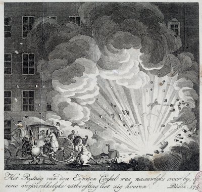 Vy över explosionen av den infernaliska maskinen på rue Saint Nicaise i Paris på 3:e nivose an IX. Infernalmaskinens konspiration är en konspiration för att döda Napoleon Bonaparte, den nye förste konsulen efter statskuppen den 18 Brumaire. En in av Unknown artist