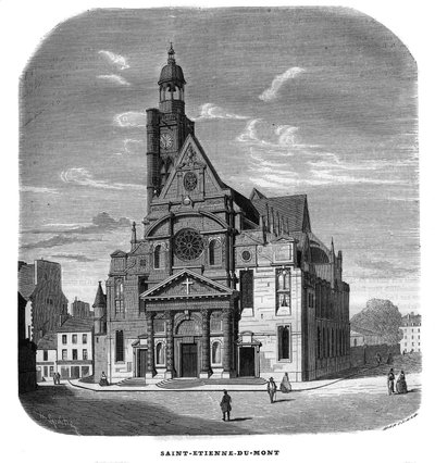 Vy över fasaden av kyrkan Saint-Etienne-du-Mont, Place Sainte-Genevieve (Saint Etienne du Mont) i Paris i det 5:e arrondissementet 1858. av Unknown artist
