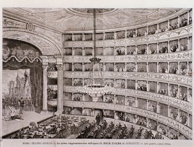Vy över den första föreställningen av operan Hertigen av Alba, på Teatro Apollo, Rom av Unknown artist