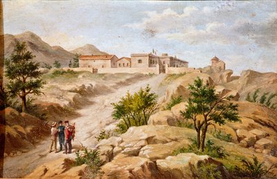 Utsikt över huset till den italienska patrioten och hjältar i Risorgimento Giuseppe Garibaldi (1807-1882) a Caprera (Sardinien) Garibaldi är med två bönder till vänster på bilden. Anonym målning av 1800-talets Rom Museo del Risorgimento av Unknown artist