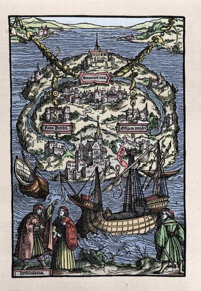 Utsikt över ön Utopia (Utopia) från Thomas Mores bok (1478-1535), "" Den optimala statusen för den republik som nyligen isolerade Utopia". Graverad av Johann Froben. 1518. av Unknown artist