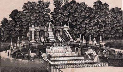 Vy över det stora vattenfallet i parken Saint Cloud (Saint-Cloud), Frankrike. i "" Världen illustrerar 168 vyer"" Odaterat (slutet av 1800-talet) av Unknown artist