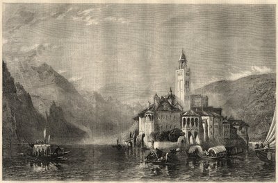 Utsikt över klostret Mater Ecclesiae på ön Saint Jules (Saint Jules) (San Giulio) vid Ortasjön (Lake Cusio) i Italien. Gravyr efter en målning av William Collingwood Smith (1815-1887). I "The Illustrated London News" den 22 mars av Unknown artist