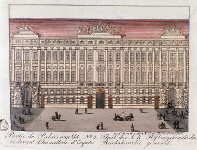 Utsikt över den del av det kejserliga palatset som heter Imperiets kansli i Wien. Österrike. Gravyr från 1815 privatsamling av Unknown artist