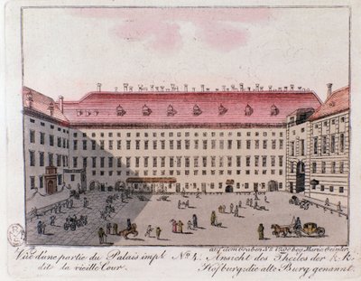 Utsikt över den del av det kejserliga palatset som heter Gamla hovet i Wien. Österrike. Gravyr från 1815 privatsamling av Unknown artist