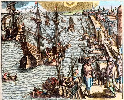 Utsikt över hamnen i Lissabon på 1500-talet - av Unknown artist