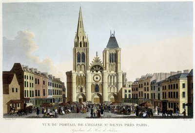 Utsikt över portalen till kyrkan St Denis, nära Paris, begravning av Frankrikes kungar och marknad på torget - i "Paris par Courvoisier"" av Unknown artist