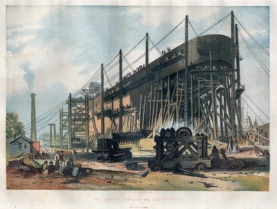 Vy över aktern på det transatlantiska linjefartyget "Great Eastern" (Leviathan) under konstruktion på Thames-varvet i London. Gravyr i "" The illustrated London News "" av den 7 november 1857. av Unknown artist