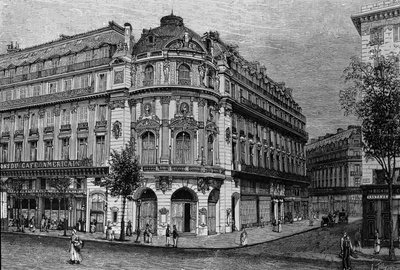 Utsikt över theatre du Vaudeville i Paris. av Unknown artist