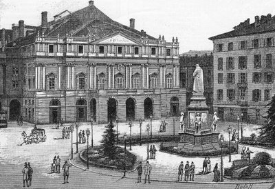 Utsikt över teatern La Scala i Milano, Italien. (Teatro alla Scala Milano) Gravyr i "" The Illustrous World"" av Unknown artist