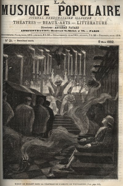 Vision av Wolfgang Amadeus Mozart (1756-1791) i kapellet (stor orgel) i Weingarten Abbey i Tyskland - gravyr i den berömda veckotidningen "" Popular Music """ - 1882 av Unknown artist