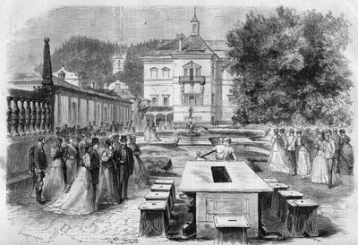 Besök av kejsar Francois-Joseph (1830-1916) och imponerande Elisabeth av Österrike (Sissi) (1837-1898) med Eugenie (1826-1920), imponerad av fransmännen och Napoleon III i kejsarresidensen Hellbrunn i Österrike den 21 augusti av Unknown artist
