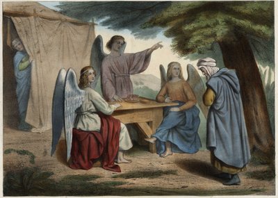 De tre änglarnas besök hos Abraham: Abraham får veta att hans fru Sara (djup), redan mycket gammal, snart kommer att ge honom en son. Anonym gravyr från mitten av 1800-talet. av Unknown artist