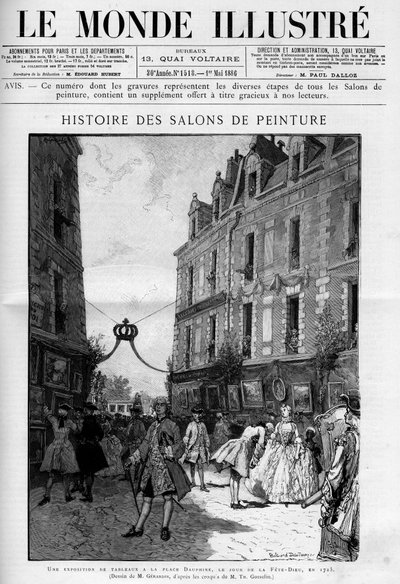 Besök av utställningen av målningar på Place Dauphine på Ile de la Cite i Paris, dagen för fete dieu (fete dieu) 1725. Gravyr i "" Le Monde illustrious"" av Unknown artist