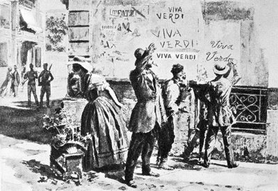 Viva Verdi: Entusiastiska inskriptioner för Giuseppe Verdi i Neapel (de två Siciliens rike) under den österrikiska ockupationen 1859, efter förbudet mot hans opera "Un Ballo in maschera" (V.E.R.D.I. (VERDI) = Vittorio Emanuele Re d
