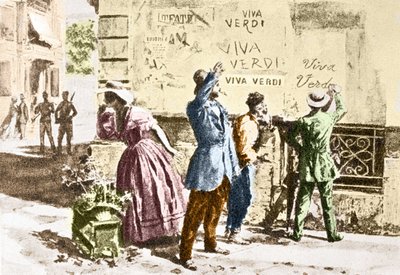 Viva Verdi: Entusiastiska inskriptioner för Giuseppe Verdi i Neapel (de två Siciliens rike) under den österrikiska ockupationen 1859, efter förbudet mot hans opera "Un Ballo in maschera" (V.E.R.D.I. (VERDI) = Vittorio Emanuele Re d