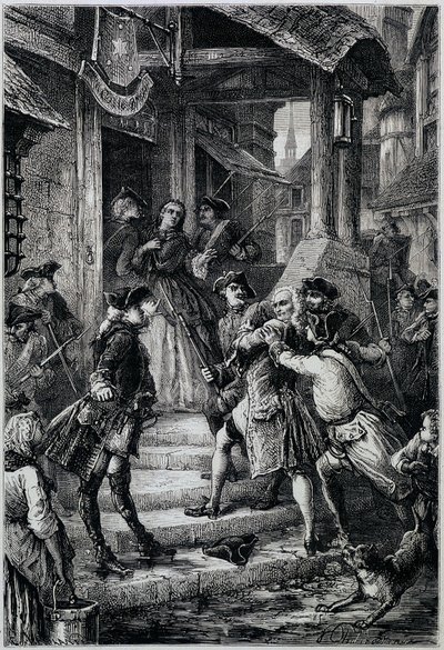 Voltaire (1694 - 1778) arresterad i Frankfurt 1753 på order av den store Fredrik II - i Histoire de France från de mest avlägsna tiderna fram till 1789 av M. Guizot av Unknown artist